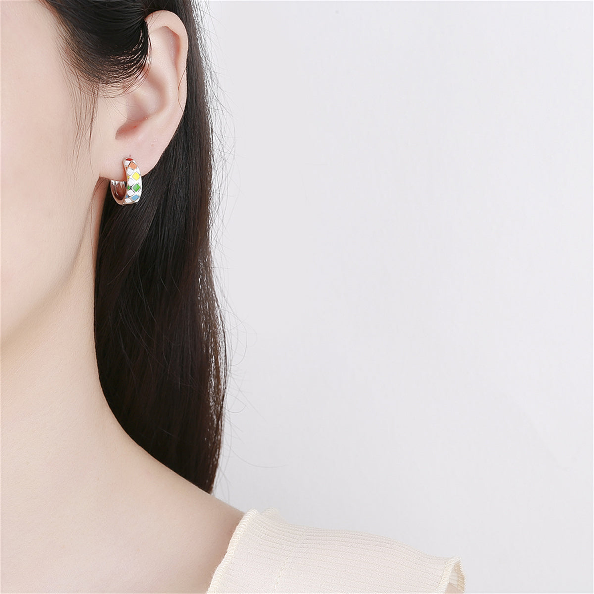 Yellow Enamel and Silver-Plated Geometric Huggie Earrings, silver huggie earrings, dainty minimalist design, lifestyle look