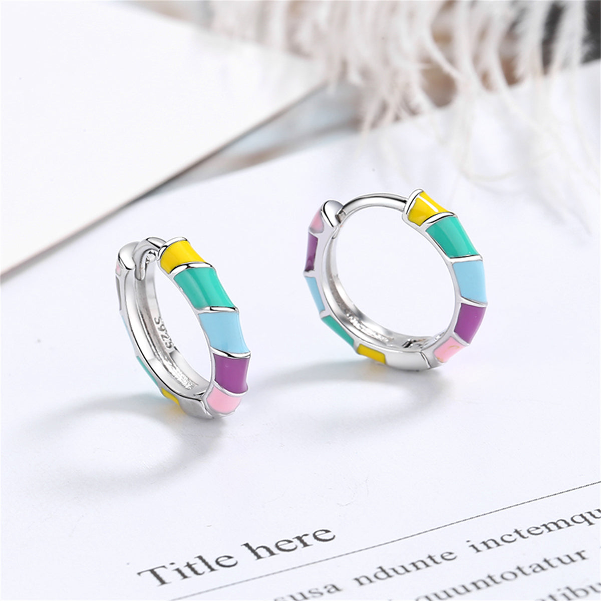 Yellow Enamel and Silver-Plated Stripe Huggie Earrings, silver huggie earrings, everyday style, front view