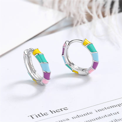 Yellow Enamel and Silver-Plated Stripe Huggie Earrings, silver huggie earrings, everyday style, front view