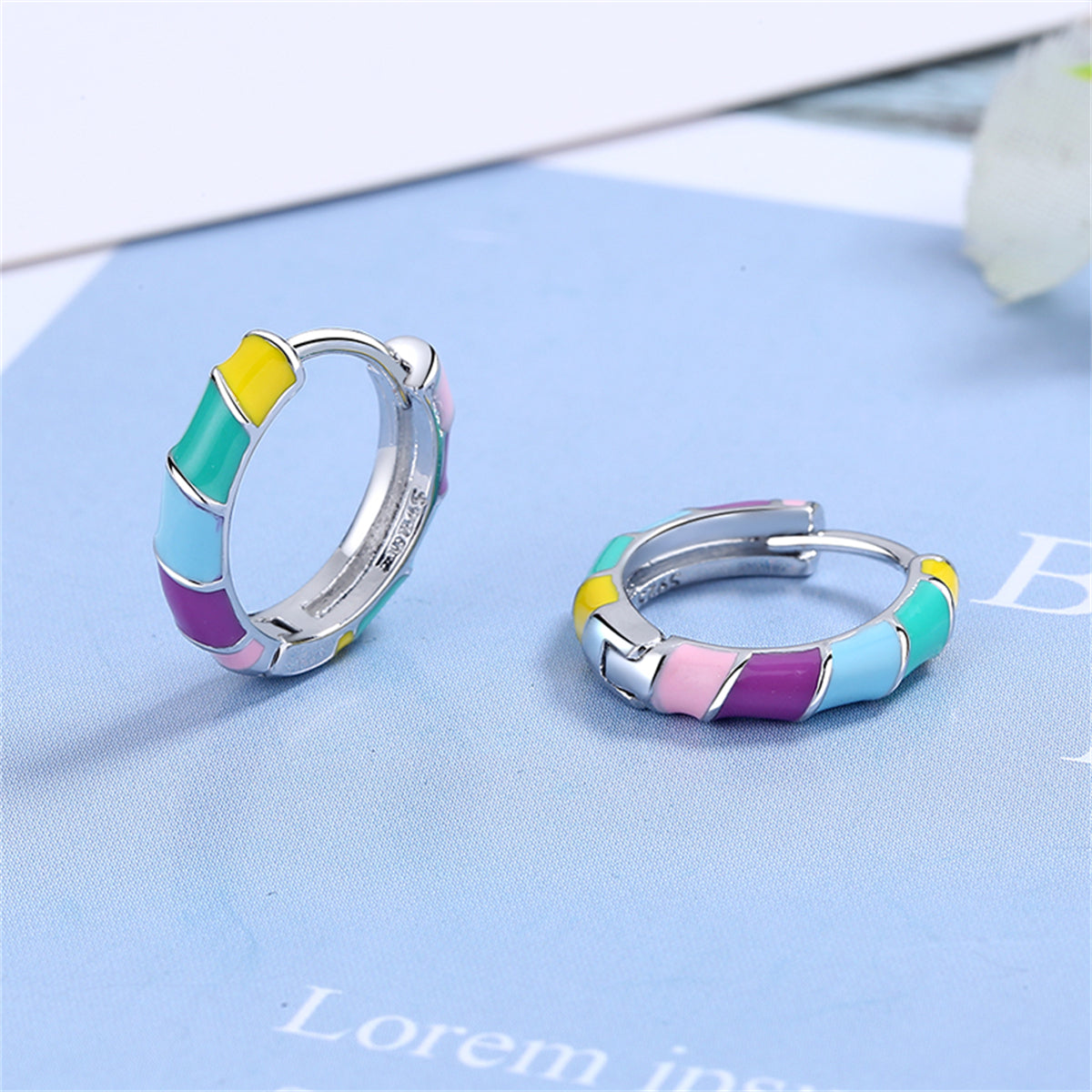 Yellow Enamel and Silver-Plated Stripe Huggie Earrings, silver huggie earrings, everyday style, side view