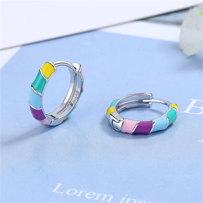 Yellow Enamel and Silver-Plated Stripe Huggie Earrings, silver huggie earrings, everyday style, side view