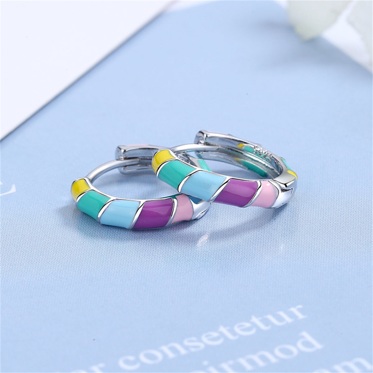 Yellow Enamel and Silver-Plated Stripe Huggie Earrings, silver huggie earrings, everyday style, detail close-up