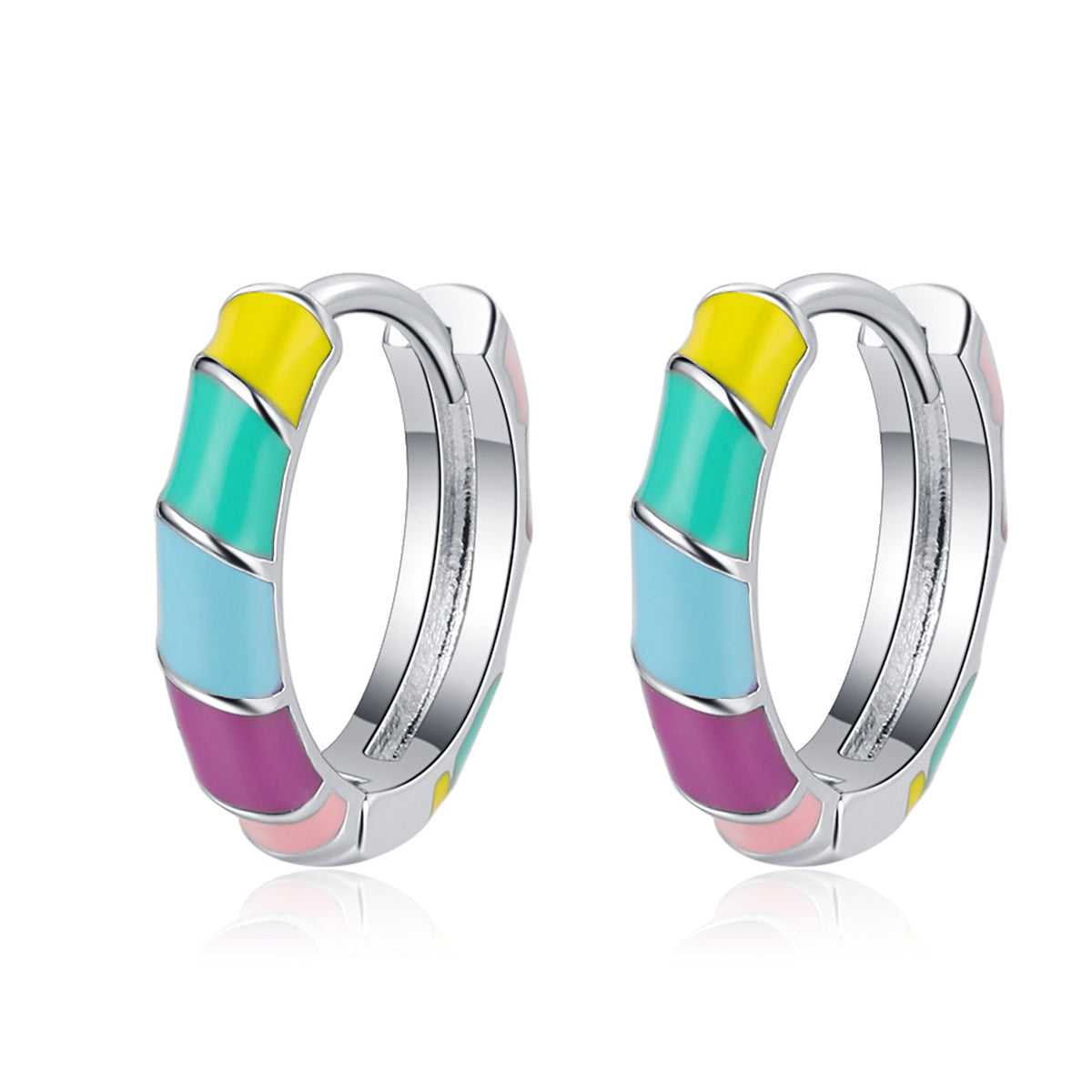 Yellow Enamel and Silver-Plated Stripe Huggie Earrings, silver huggie earrings, everyday style, styled look