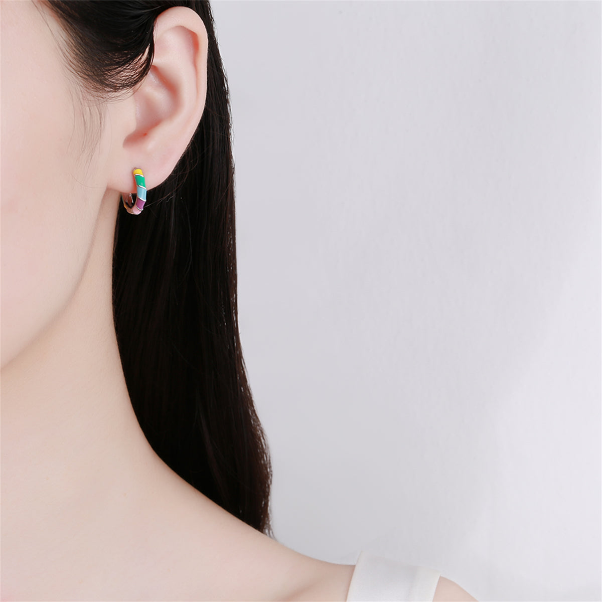 Yellow Enamel and Silver-Plated Stripe Huggie Earrings, silver huggie earrings, everyday style, lifestyle look