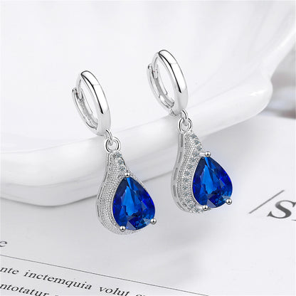 Navy Crystal and Cubic Zirconia Teardrop Huggie Earrings, huggie earrings, dainty minimalist design, front view