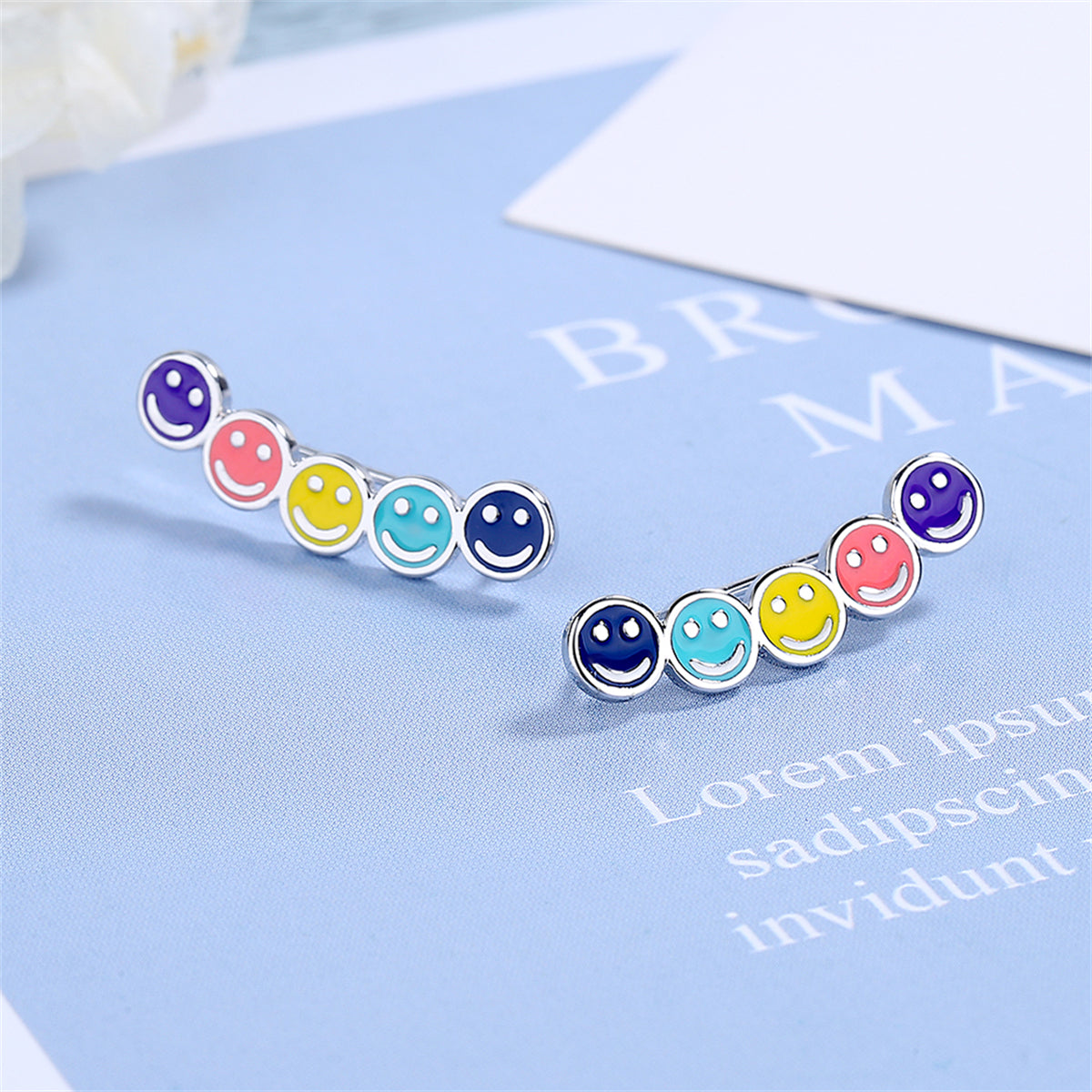 Multicolor and Silver-Plated Smiley Ear Climbers, silver stud earrings for women, dainty minimalist design, front view