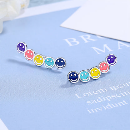 Multicolor and Silver-Plated Smiley Ear Climbers, silver stud earrings for women, dainty minimalist design, front view