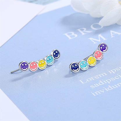 Multicolor and Silver-Plated Smiley Ear Climbers, silver stud earrings for women, dainty minimalist design, lifestyle look