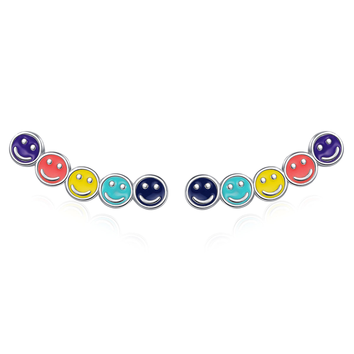 Multicolor and Silver-Plated Smiley Ear Climbers, silver stud earrings for women, dainty minimalist design, side view
