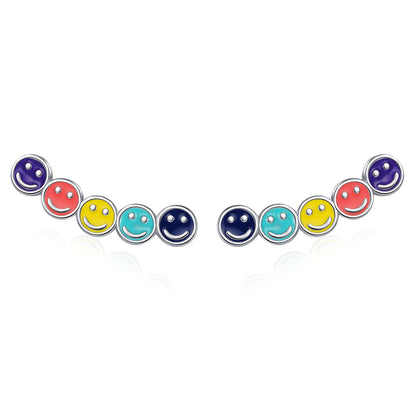 Multicolor and Silver-Plated Smiley Ear Climbers, silver stud earrings for women, dainty minimalist design, side view