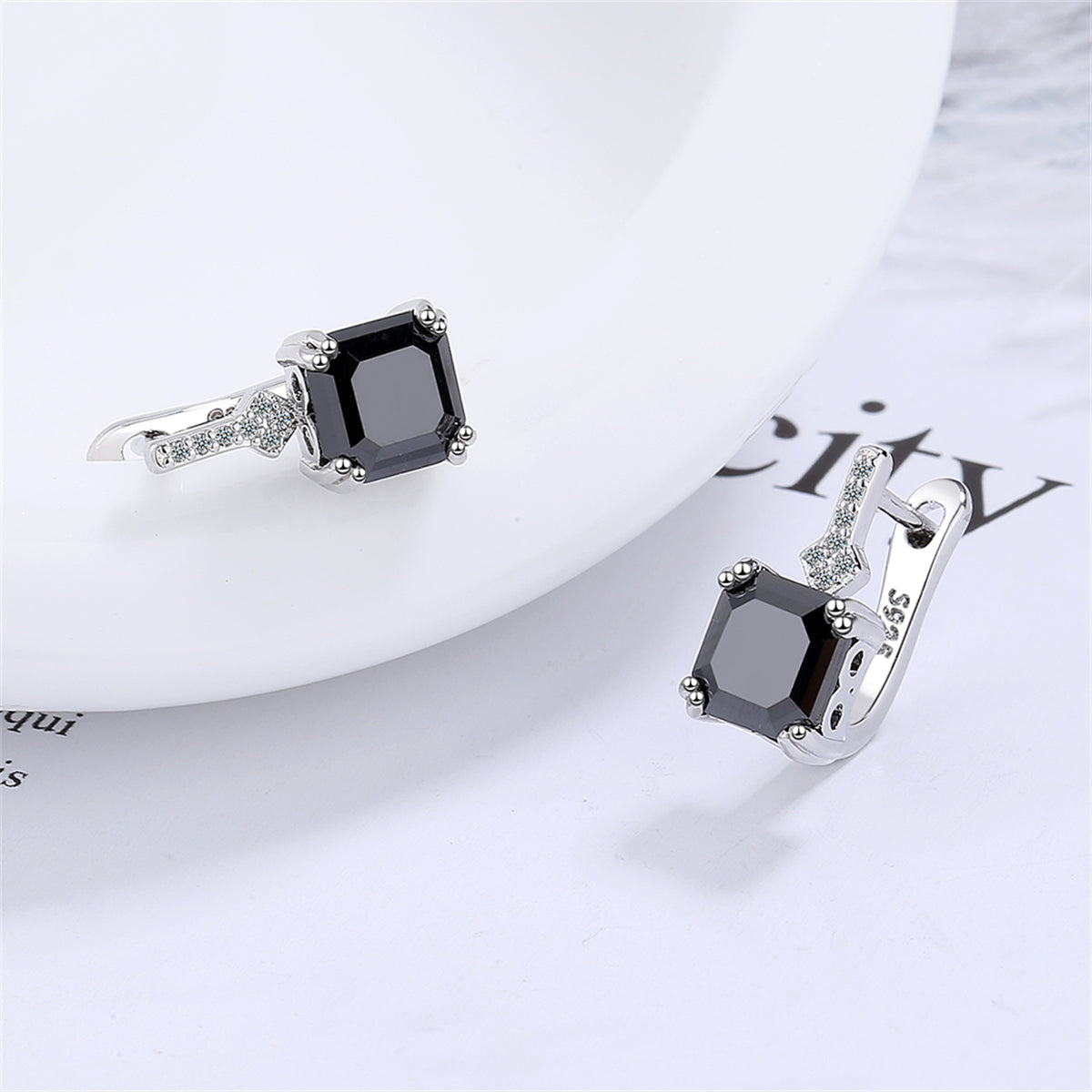 Black Crystal & Cubic Zirconia Princess-Cut Huggie Earrings