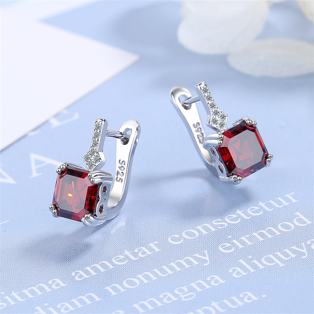 Red Crystal and Cubic Zirconia Princess-Cut Huggie Earrings, huggie earrings, botanical inspired, front view
