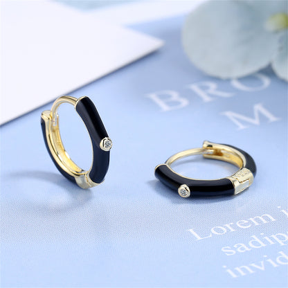 Black Enamel and Cubic Zirconia 18K Gold-Plated Huggie Earrings, gold huggie earrings, botanical inspired, front view