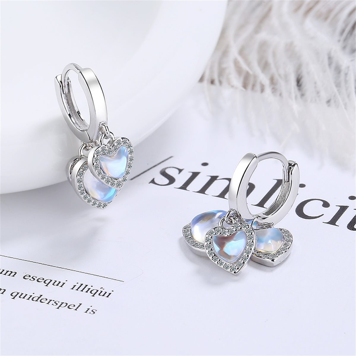 Moonstone and Cubic Zirconia Heart Huggie Earrings, huggie earrings, everyday style, side view