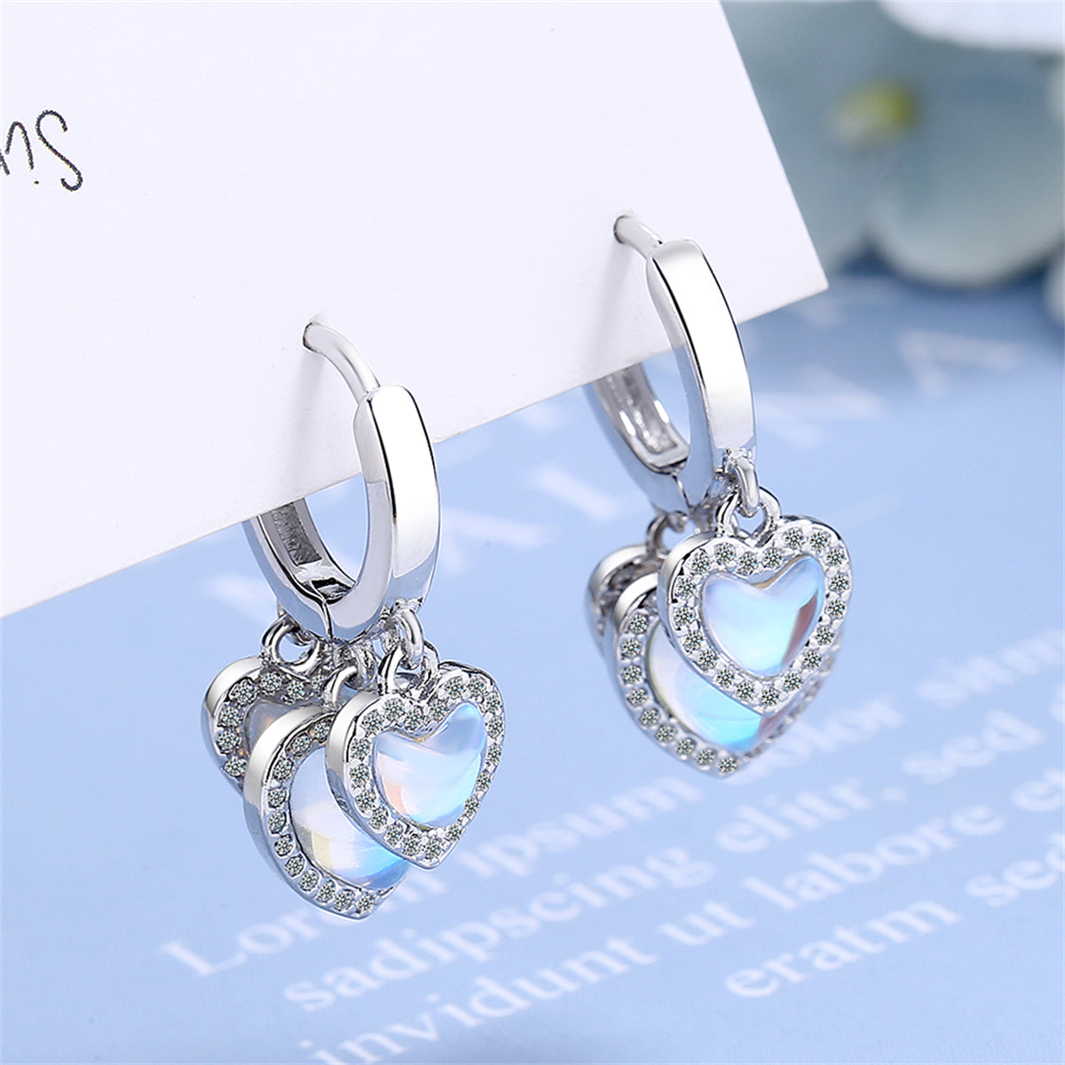Moonstone and Cubic Zirconia Heart Huggie Earrings, huggie earrings, everyday style, lifestyle look