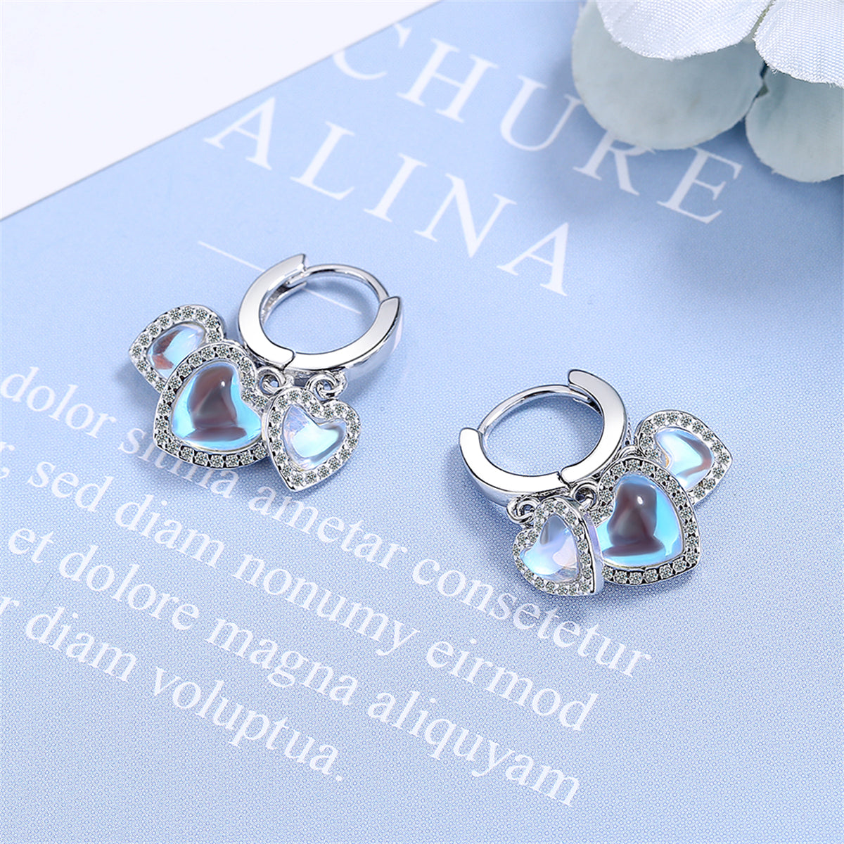 Moonstone and Cubic Zirconia Heart Huggie Earrings, huggie earrings, everyday style, detail close-up