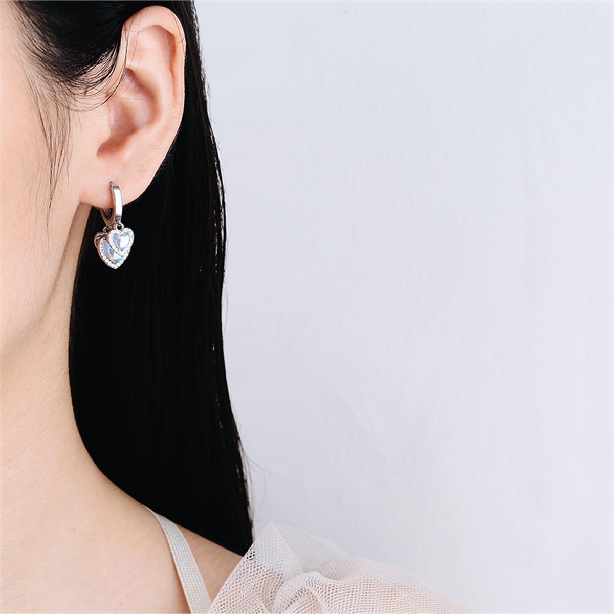 Moonstone & Cubic Zirconia Heart Huggie Earrings