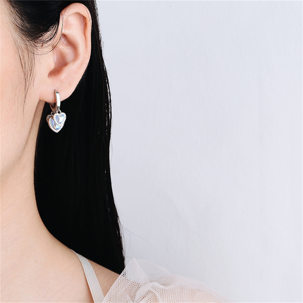 Moonstone and Cubic Zirconia Heart Huggie Earrings, huggie earrings, everyday style, styled look