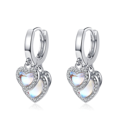Moonstone and Cubic Zirconia Heart Huggie Earrings, huggie earrings, everyday style, front view