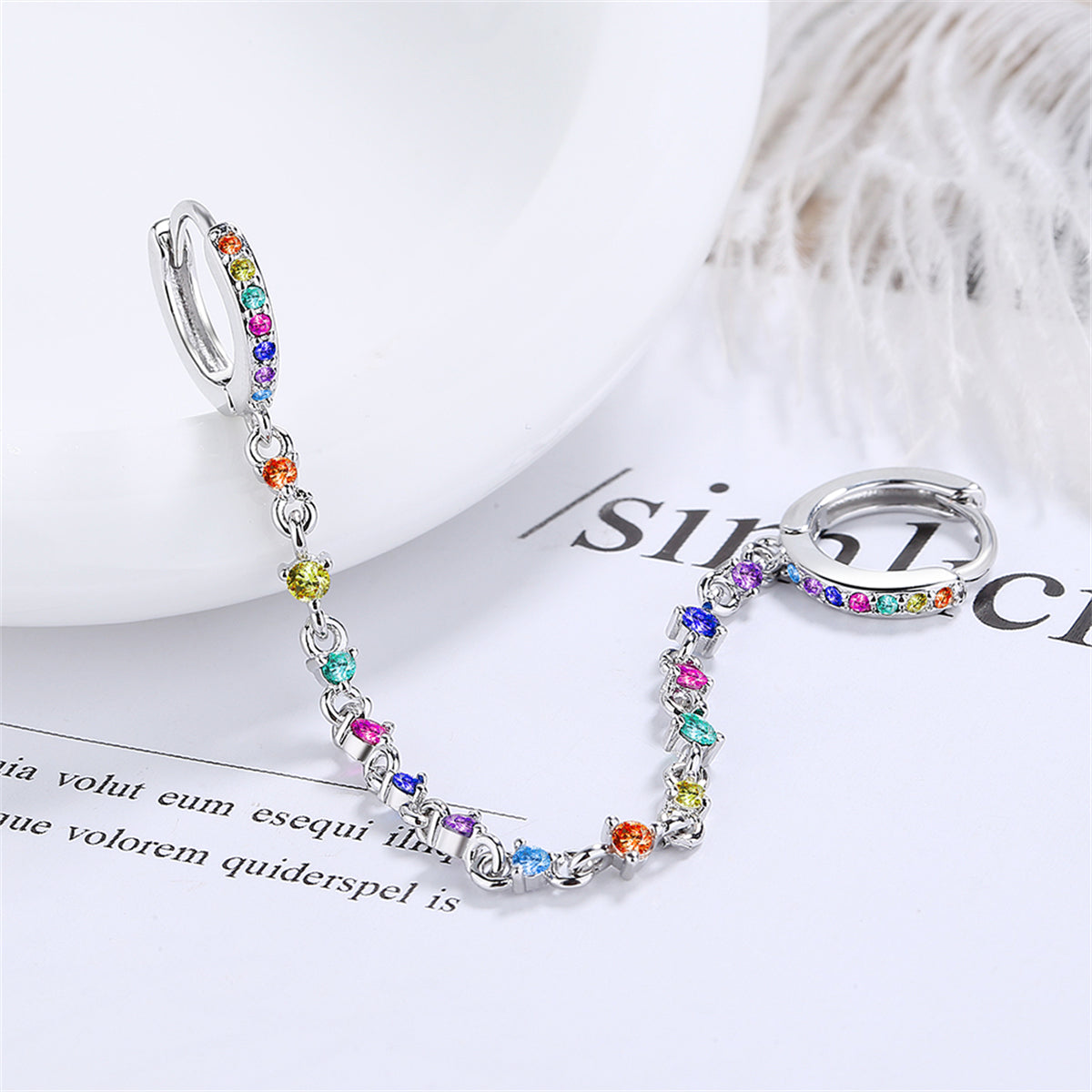 Cubic Zirconia and Silver-Plated Multicolor Chain Ear Cuff, silver drop earrings for women, front view