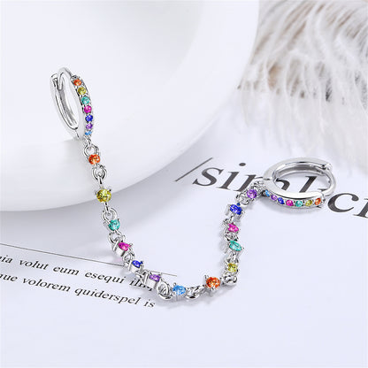 Cubic Zirconia and Silver-Plated Multicolor Chain Ear Cuff, silver drop earrings for women, front view