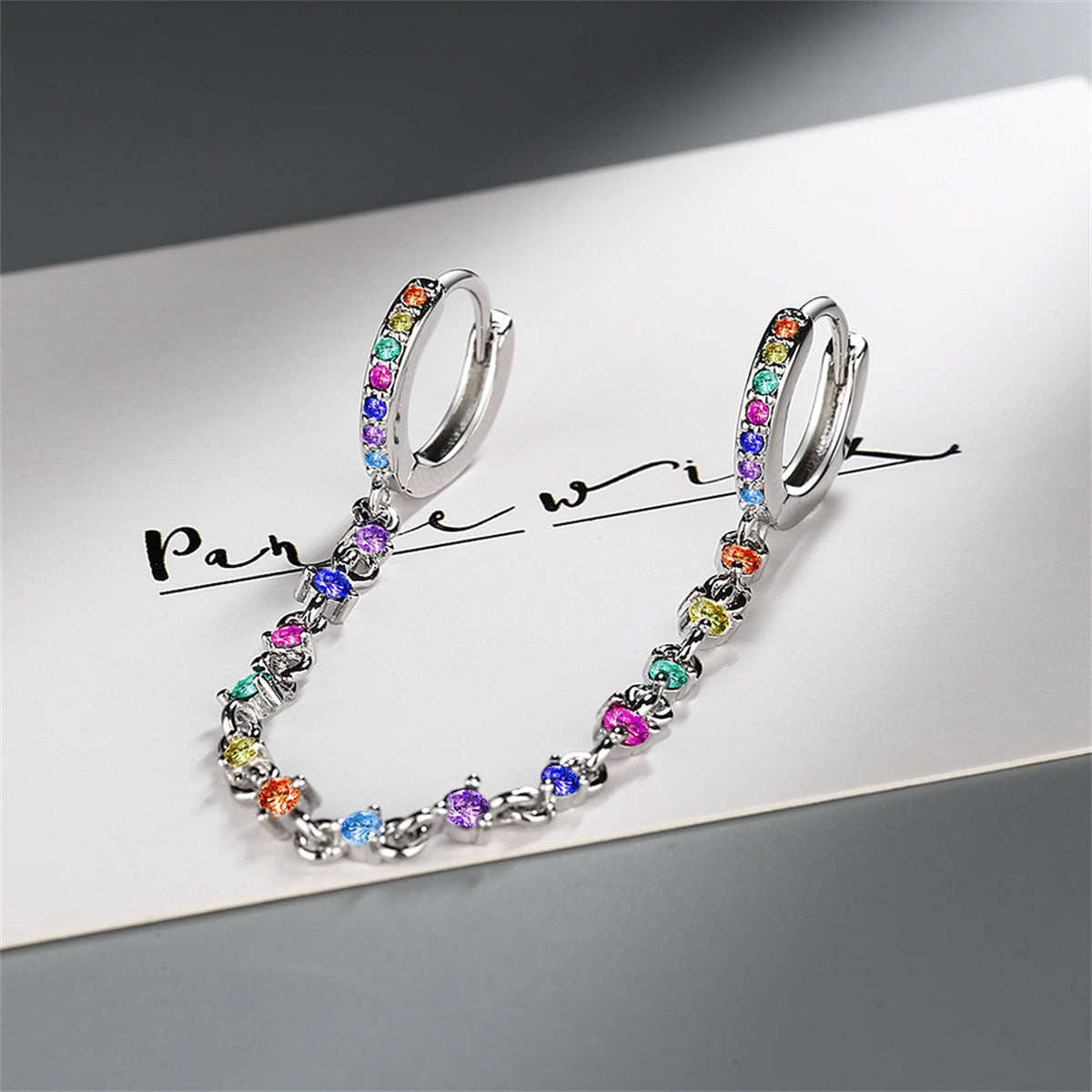 Cubic Zirconia and Silver-Plated Multicolor Chain Ear Cuff, silver drop earrings for women, side view
