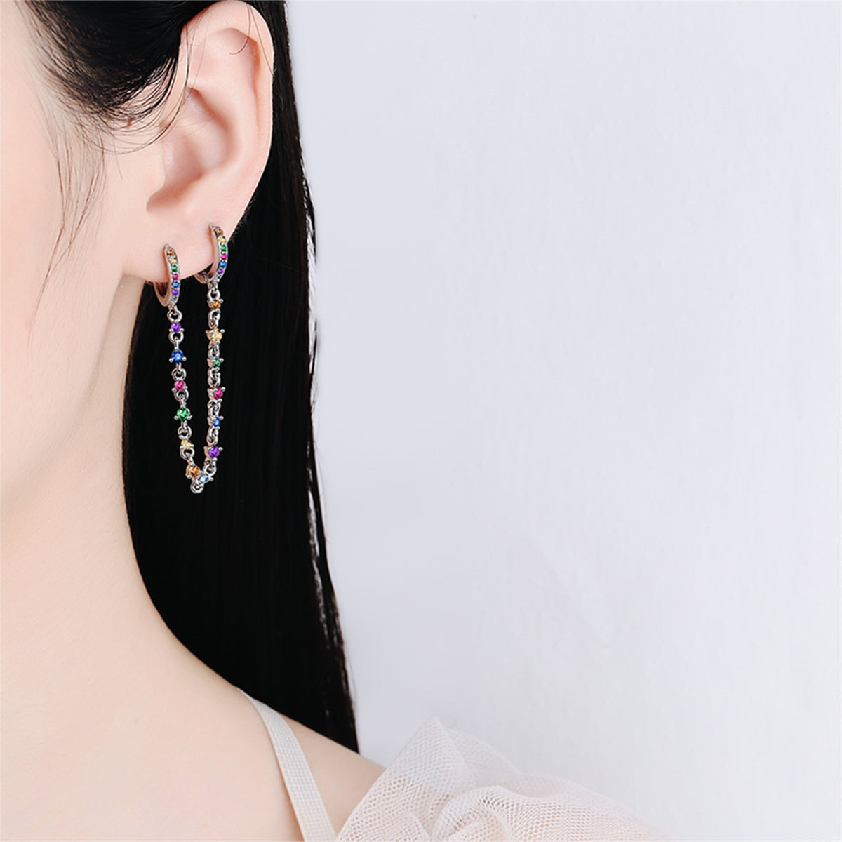 Cubic Zirconia and Silver-Plated Multicolor Chain Ear Cuff, silver drop earrings for women, detail close-up