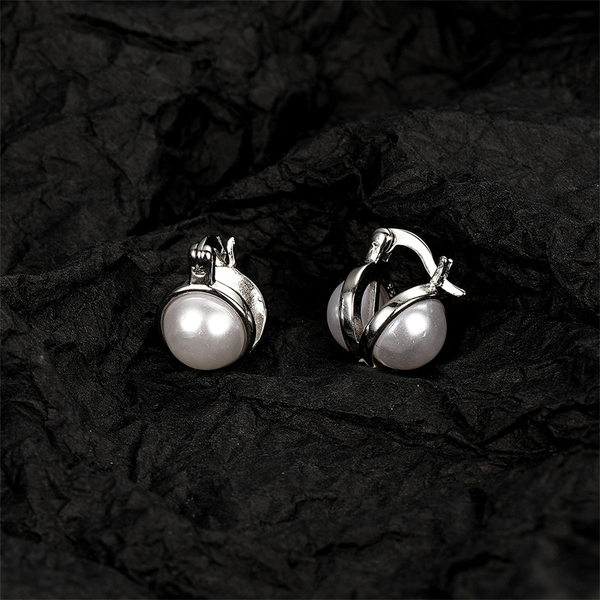 Pearl and Silver-Plated Huggie Earrings, silver huggie earrings, dainty minimalist design, front view