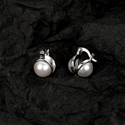 Pearl and Silver-Plated Huggie Earrings, silver huggie earrings, dainty minimalist design, front view