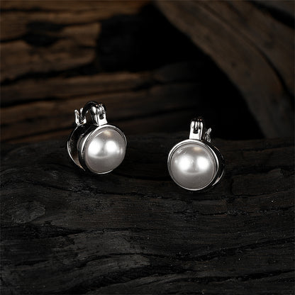 Pearl and Silver-Plated Huggie Earrings, silver huggie earrings, dainty minimalist design, detail close-up