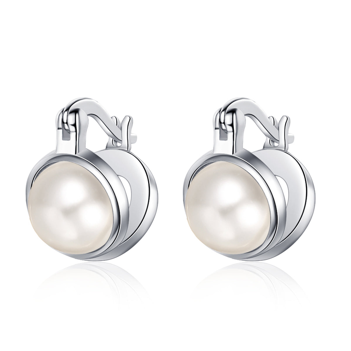 Pearl and Silver-Plated Huggie Earrings, silver huggie earrings, dainty minimalist design, side view