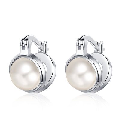 Pearl and Silver-Plated Huggie Earrings, silver huggie earrings, dainty minimalist design, side view