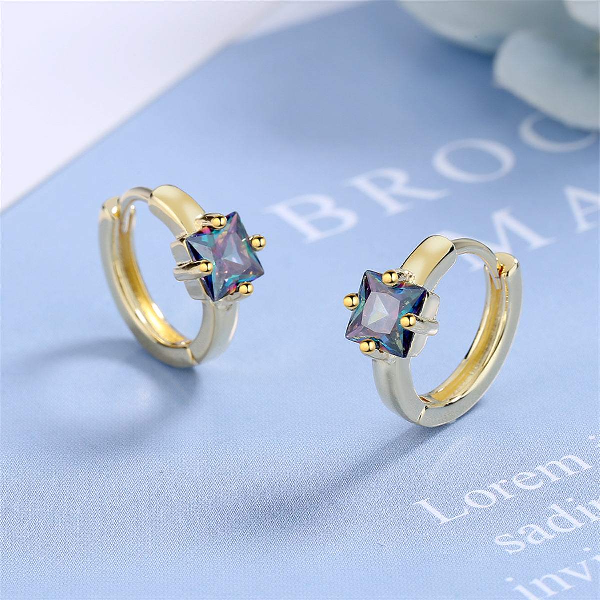 Blue Crystal and 18K Gold-Plated Square Huggie Earrings, gold huggie earrings, dainty minimalist design, front view