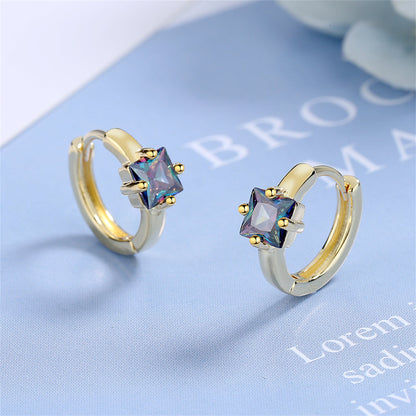 Blue Crystal and 18K Gold-Plated Square Huggie Earrings, gold huggie earrings, dainty minimalist design, front view