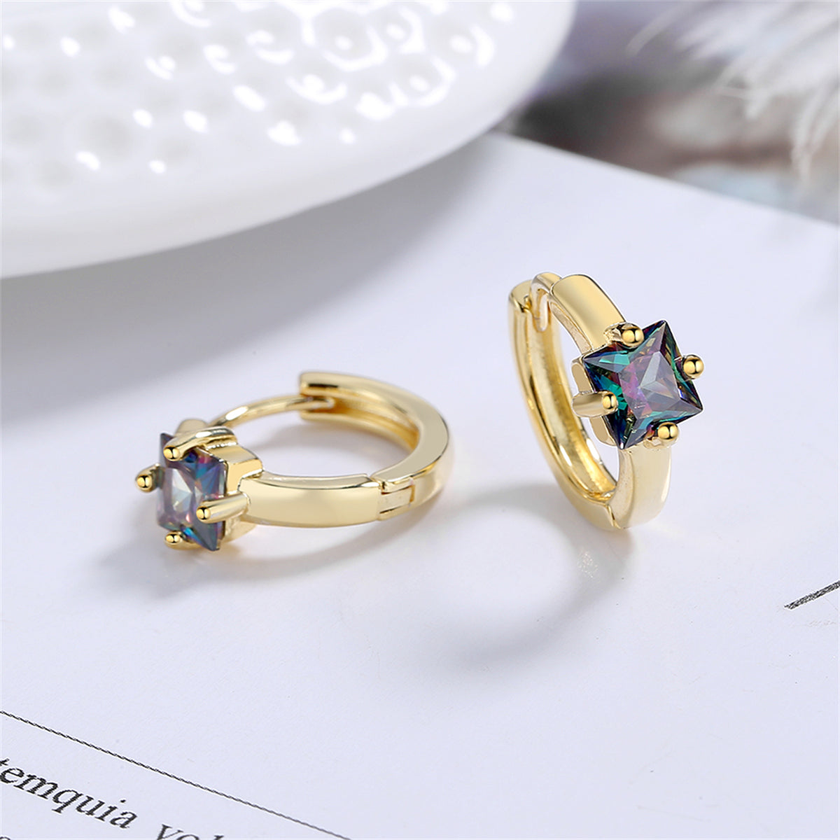 Blue Crystal and 18K Gold-Plated Square Huggie Earrings, gold huggie earrings, dainty minimalist design, side view