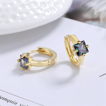 Blue Crystal and 18K Gold-Plated Square Huggie Earrings, gold huggie earrings, dainty minimalist design, side view
