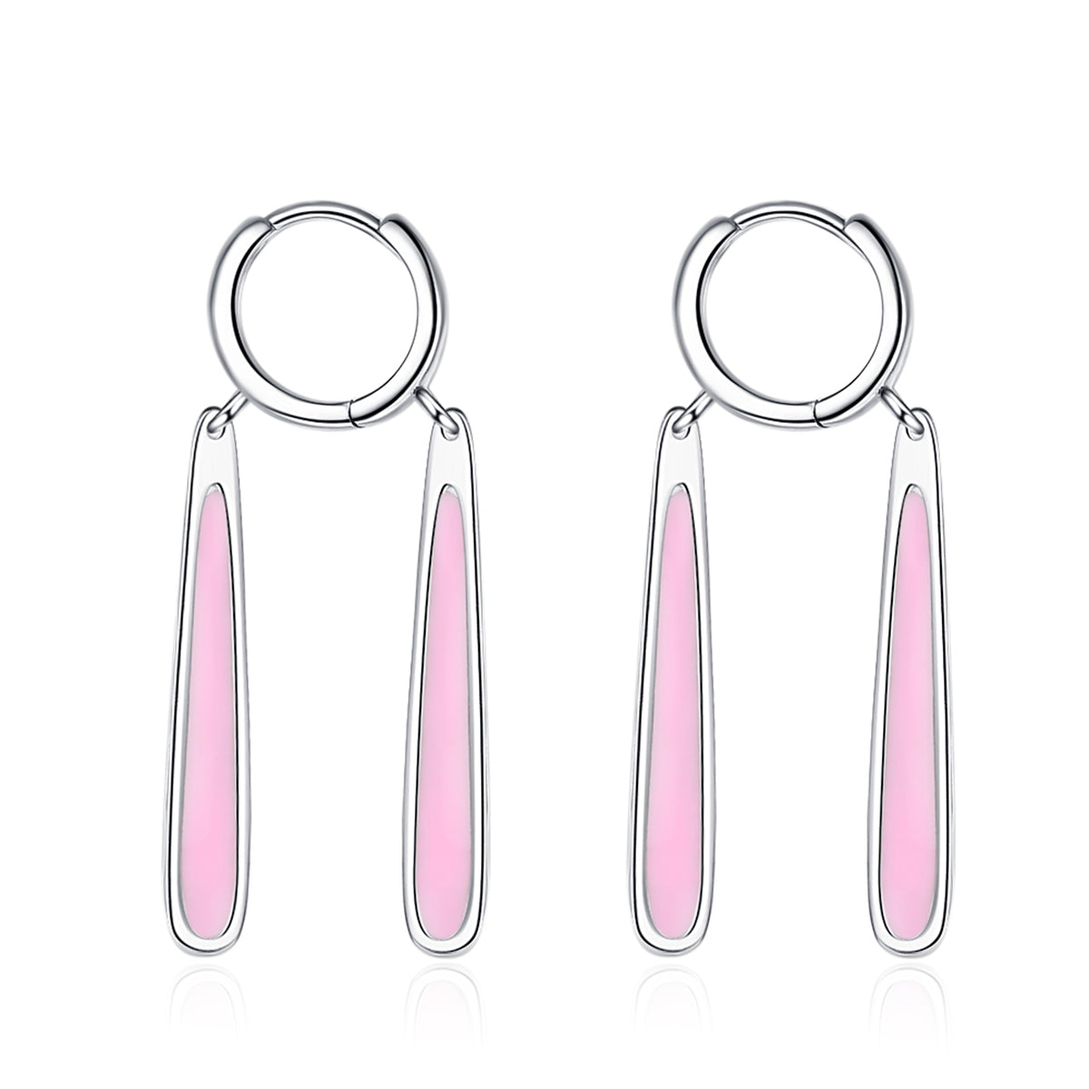 Pink Enamel and Silver-Plated Drop Huggie Earrings, silver huggie earrings, dainty minimalist design, front view