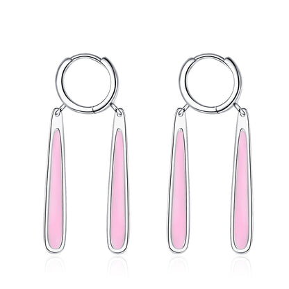 Pink Enamel and Silver-Plated Drop Huggie Earrings, silver huggie earrings, dainty minimalist design, front view