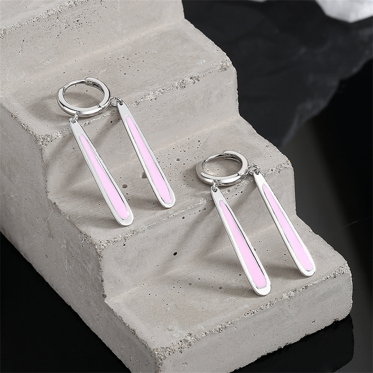 Pink Enamel and Silver-Plated Drop Huggie Earrings, silver huggie earrings, dainty minimalist design, lifestyle look