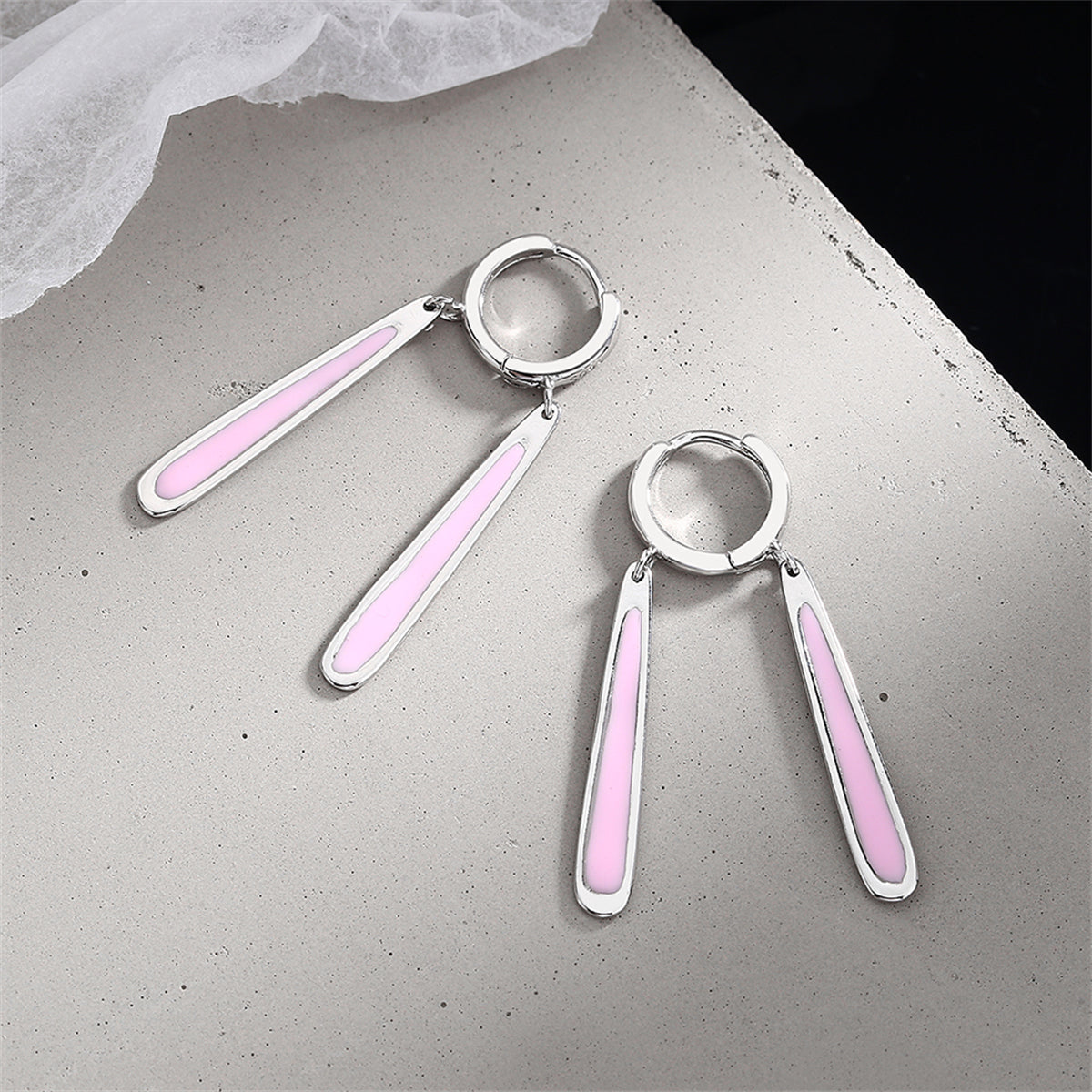 Pink Enamel and Silver-Plated Drop Huggie Earrings, silver huggie earrings, dainty minimalist design, side view