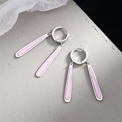 Pink Enamel and Silver-Plated Drop Huggie Earrings, silver huggie earrings, dainty minimalist design, side view