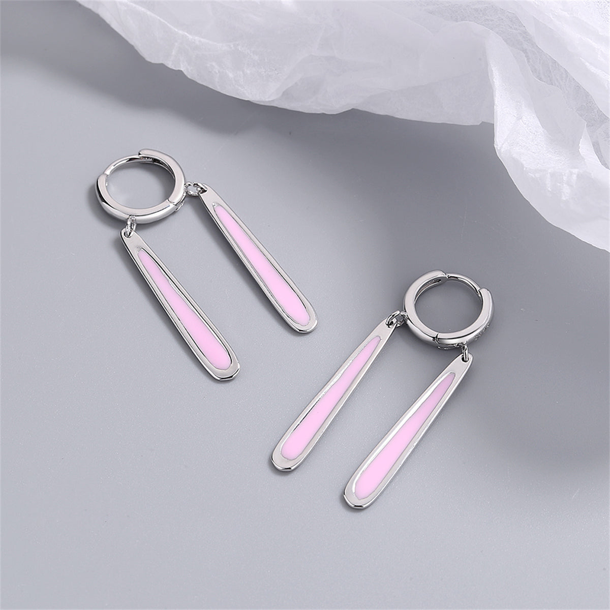 Pink Enamel and Silver-Plated Drop Huggie Earrings, silver huggie earrings, dainty minimalist design, detail close-up