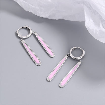 Pink Enamel and Silver-Plated Drop Huggie Earrings, silver huggie earrings, dainty minimalist design, detail close-up