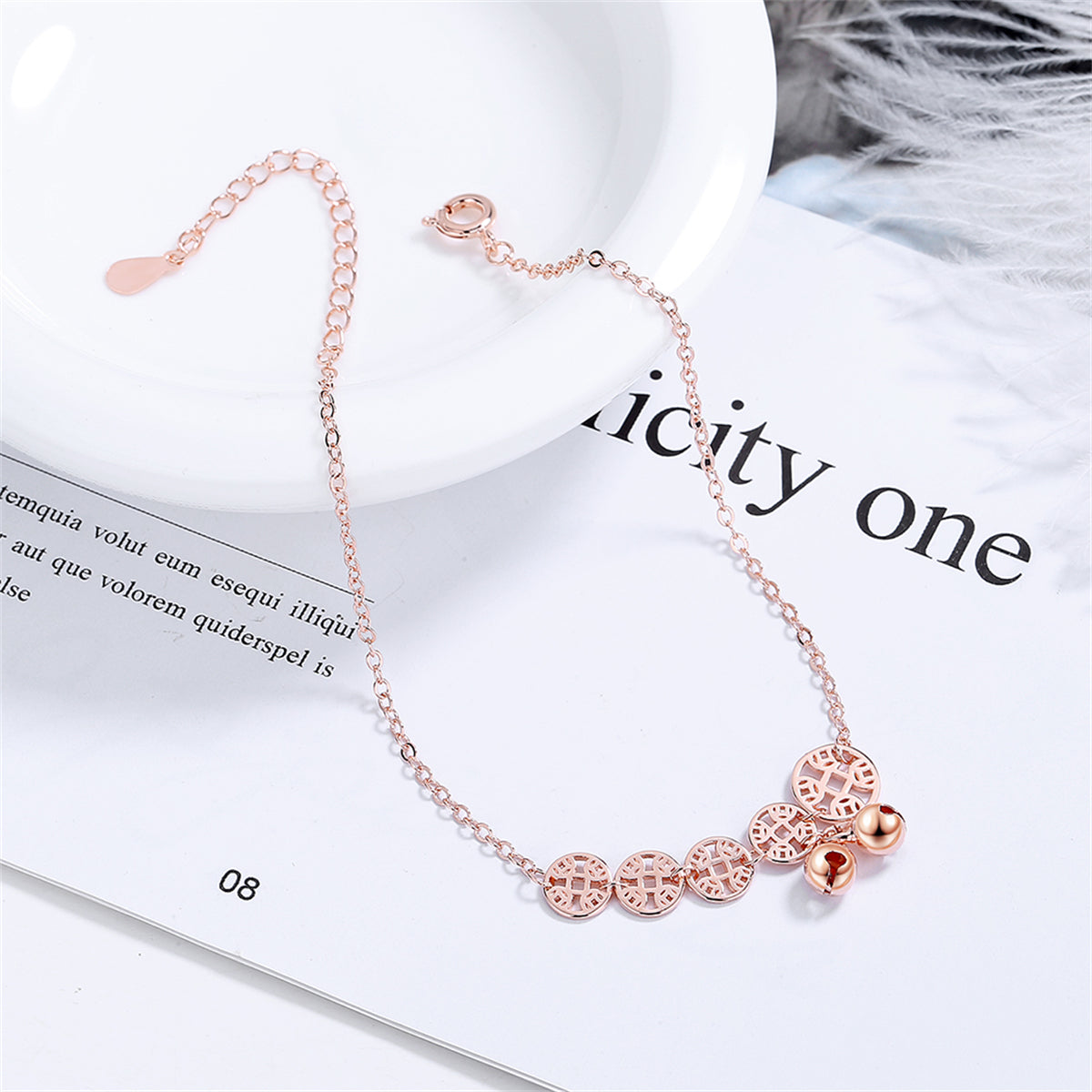 18K Rose Gold-Plated Coins and Bell Anklet, rose gold anklet bracelet, elegant gift for her, front view