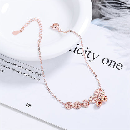 18K Rose Gold-Plated Coins and Bell Anklet, rose gold anklet bracelet, elegant gift for her, front view