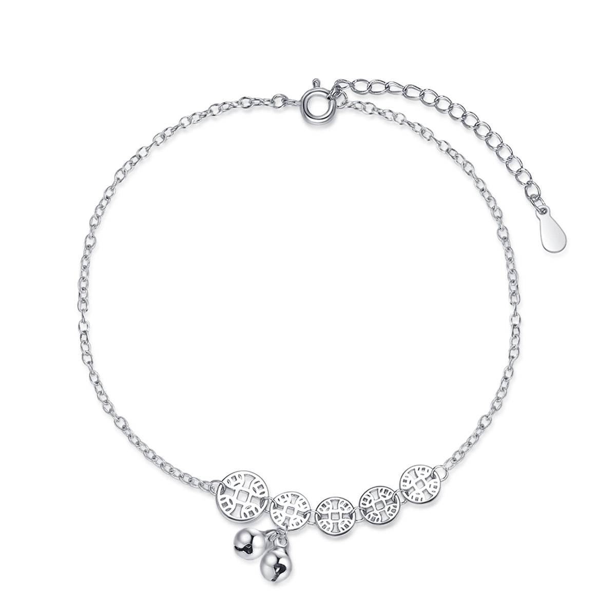 Silver-Plated Coins Bell Anklet, silver anklet bracelet, everyday style, detail close-up