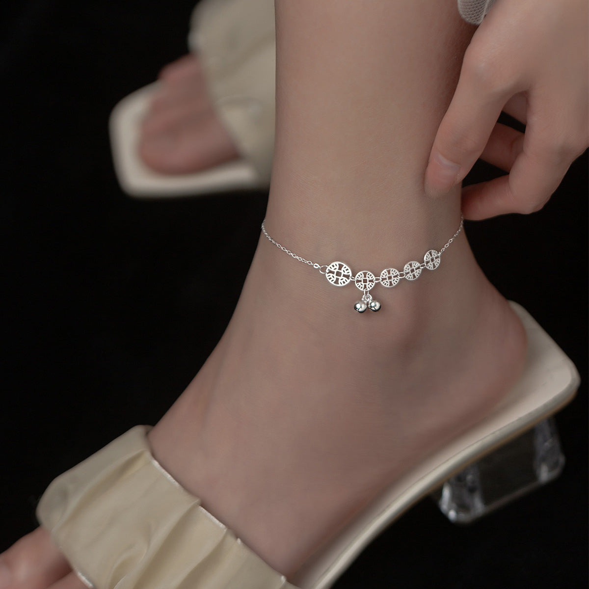 Silver-Plated Coins Bell Anklet, silver anklet bracelet, everyday style, front view