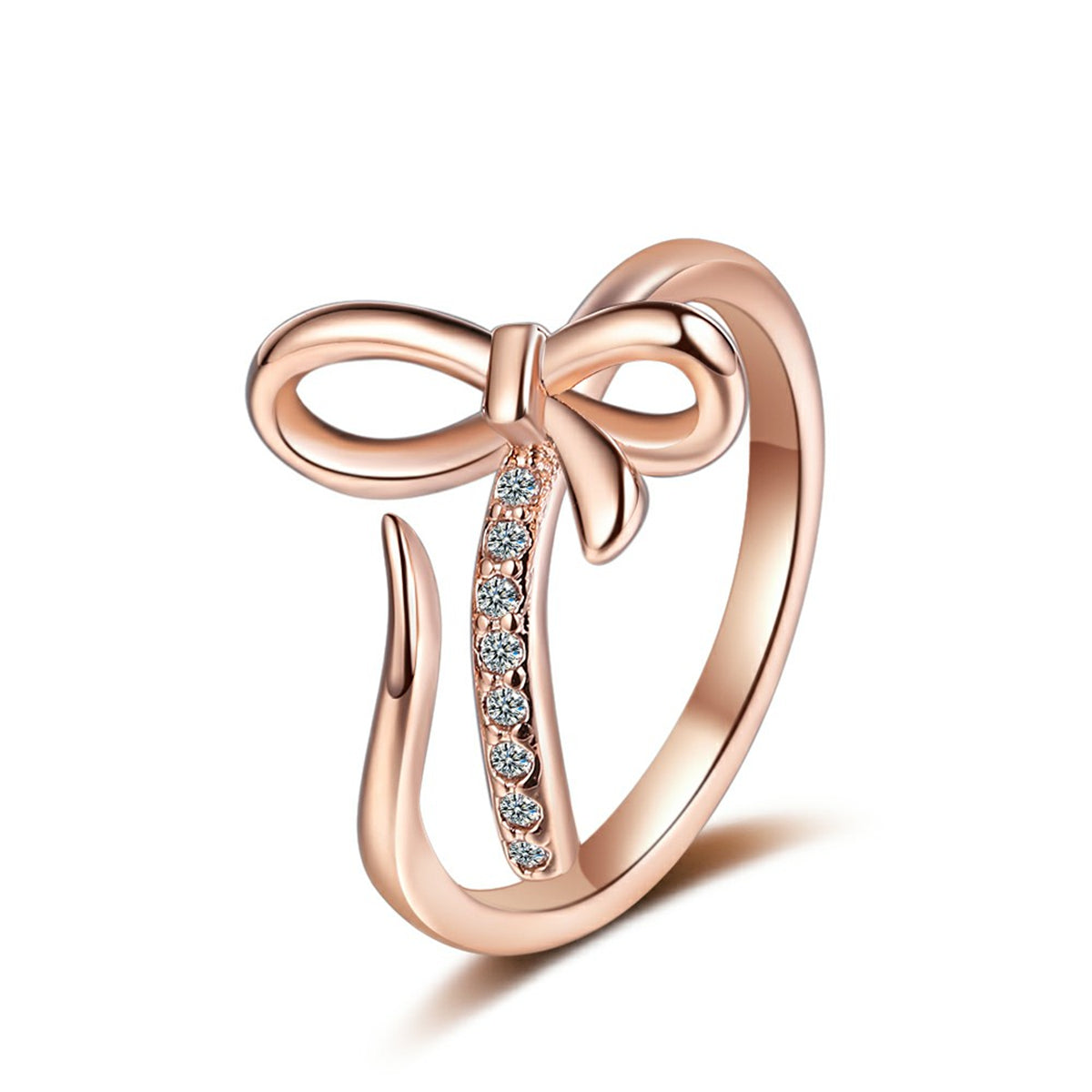 Cubic Zirconia and 18K Rose Gold-Plated Pavé Openwork Bow Bypass Ring, rose gold statement rings for women, front view