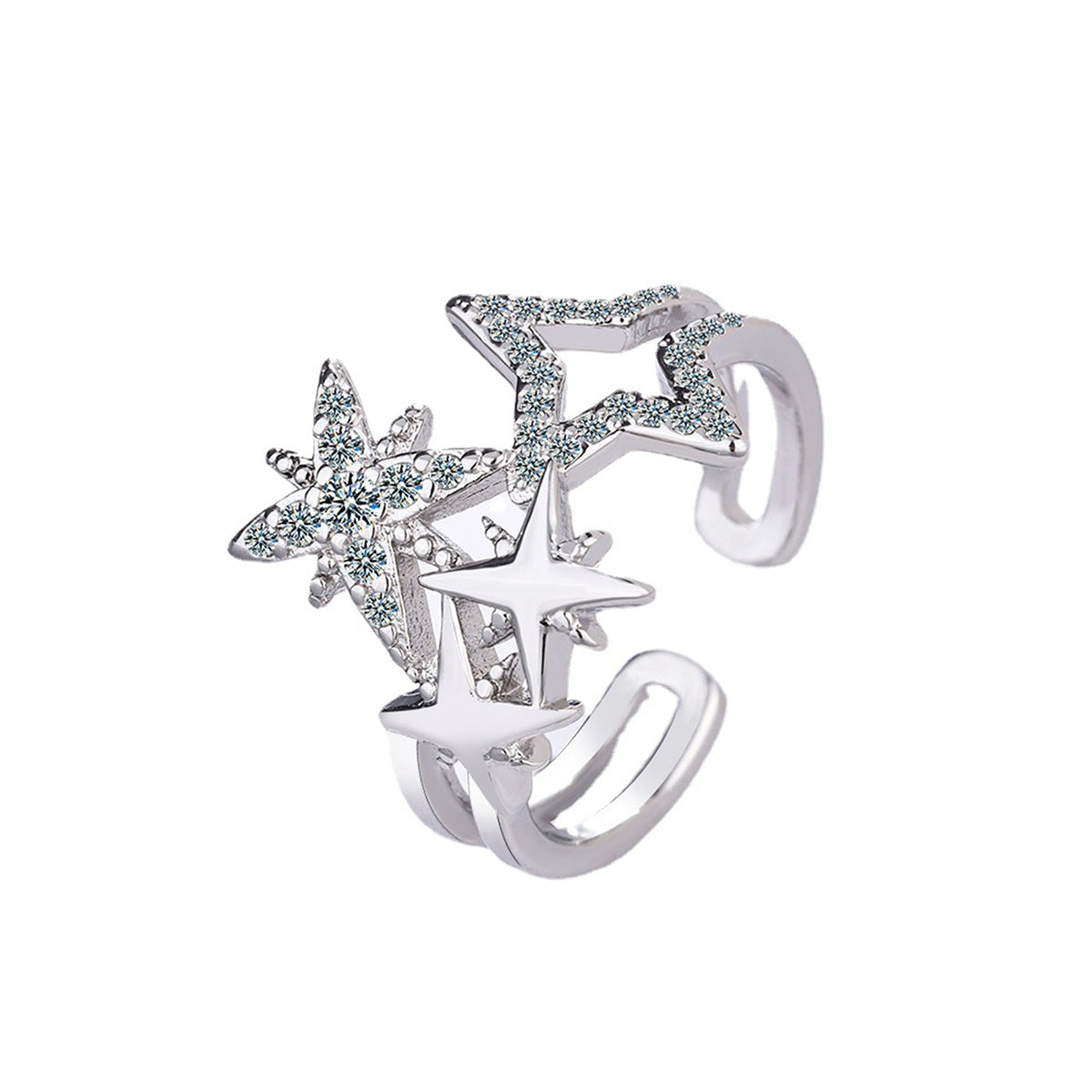 Cubic Zirconia and Silver-Plated Star Open Layered Ring, silver statement rings for women, front view