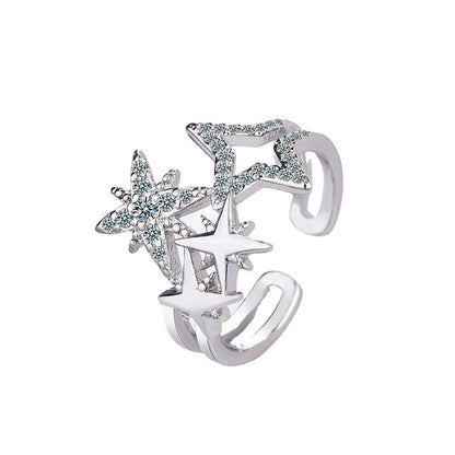 Cubic Zirconia and Silver-Plated Star Open Layered Ring, silver statement rings for women, front view
